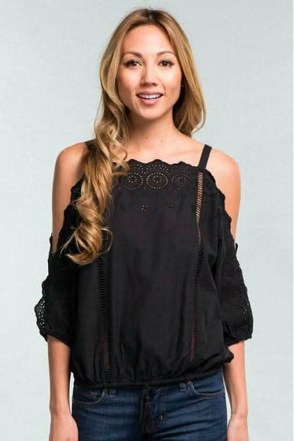 You're Mine Black Eyelet Cold Shoulder Top