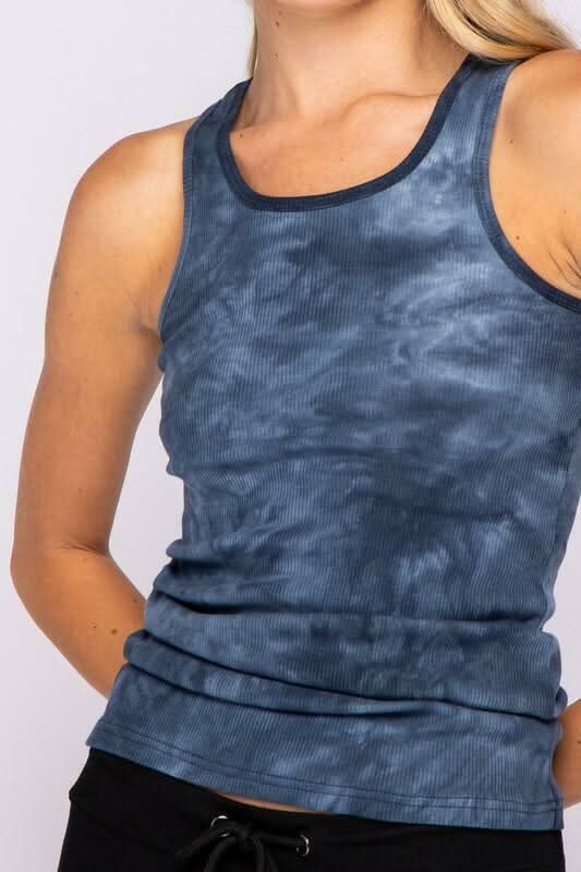 Tina Navy Blue Tie-Dye Ribbed Tank Top