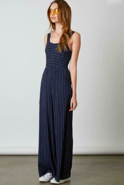 Stevie Navy Striped Apron Tie Back Jumpsuit