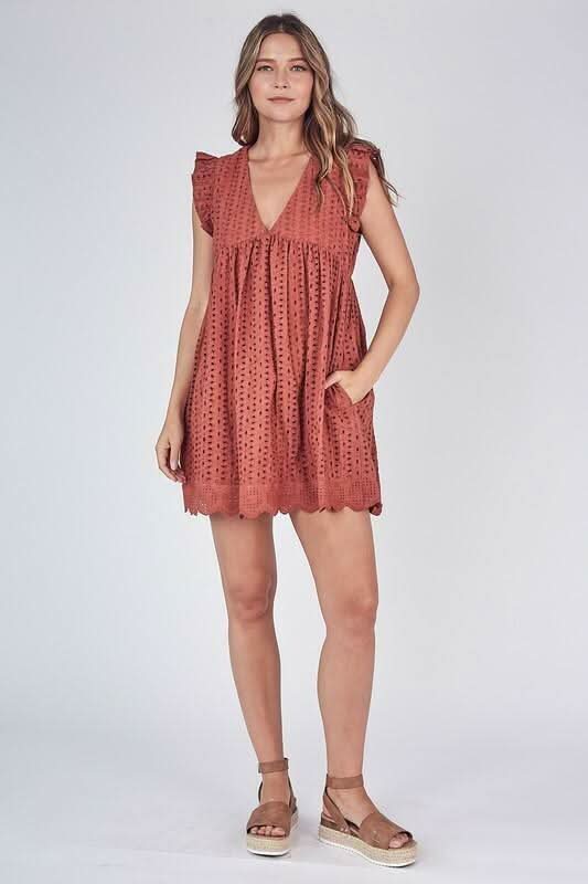 Sweet Caroline Rust Eyelet Romper Dress