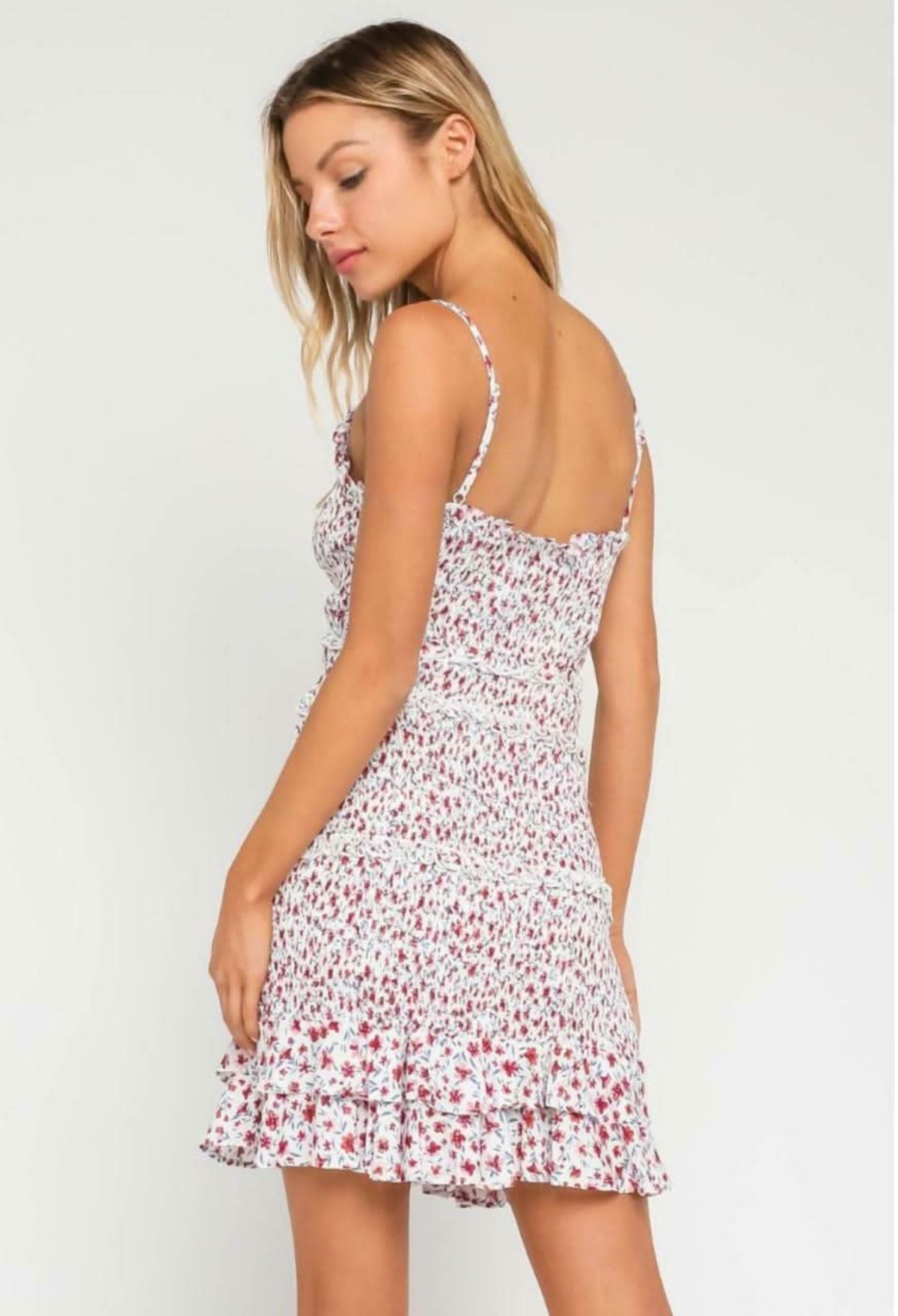 Rhea White and Red Floral Smocked Ruffle Mini Dress