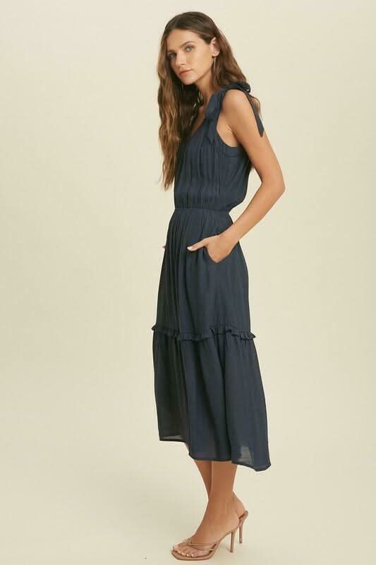 Why Wait Midnight Navy Tie-Strap Midi Dress