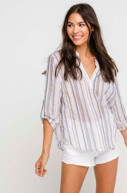 What Can I Say White Striped V-Neck Top
