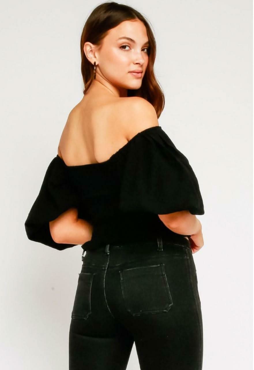 Stevie Black Off-the-Shoulder Bubble Sleeve Smocked Top