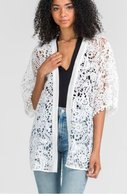Watch and Learn White Crochet Lace Kimono