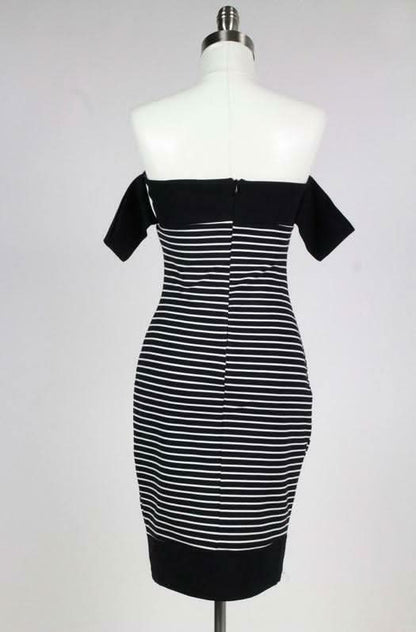 Worth it Black and White Striped Off-The-Shoulder Midi Dress