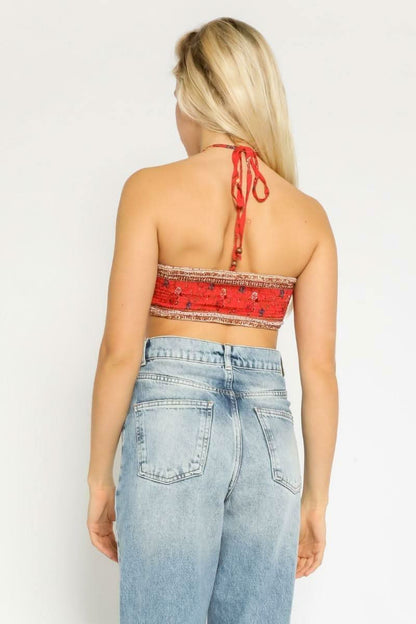 Summer Dreaming Red Floral Smocked Halter Crop Top