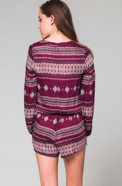 What's Happening Burgundy Boho Print Long Sleeve Romper