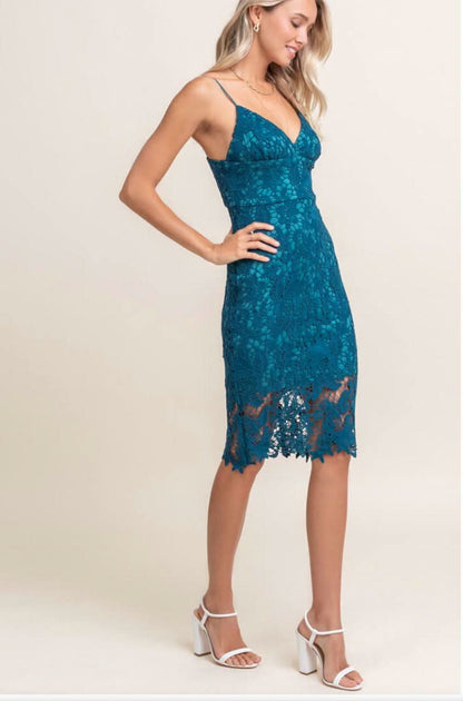 Victoria Teal Blue Crochet Lace Midi Dress