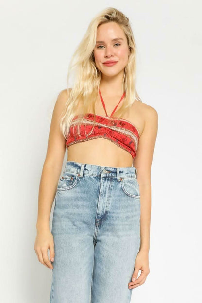 Summer Dreaming Red Floral Smocked Halter Crop Top