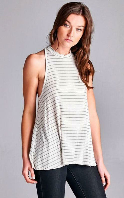 Walk The Line Ivory Striped Mock Neck Swing Top