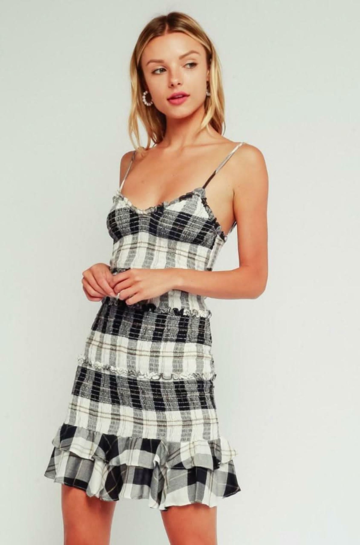 Rhea Black and Cream Plaid Print Smocked Ruffle Mini Dress