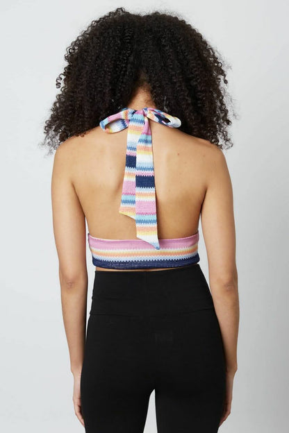 Retro Vibes Pink Multi Striped Print Halter Crop Top