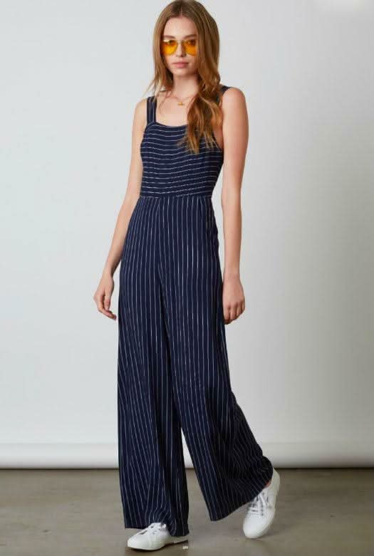 Stevie Navy Striped Apron Tie Back Jumpsuit