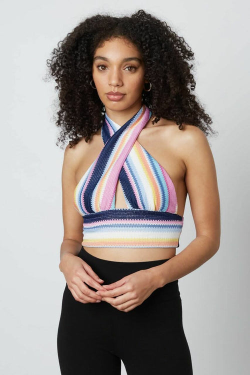Retro Vibes Pink Multi Striped Print Halter Crop Top