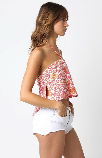 Santa Luz Orange Floral Halter Top