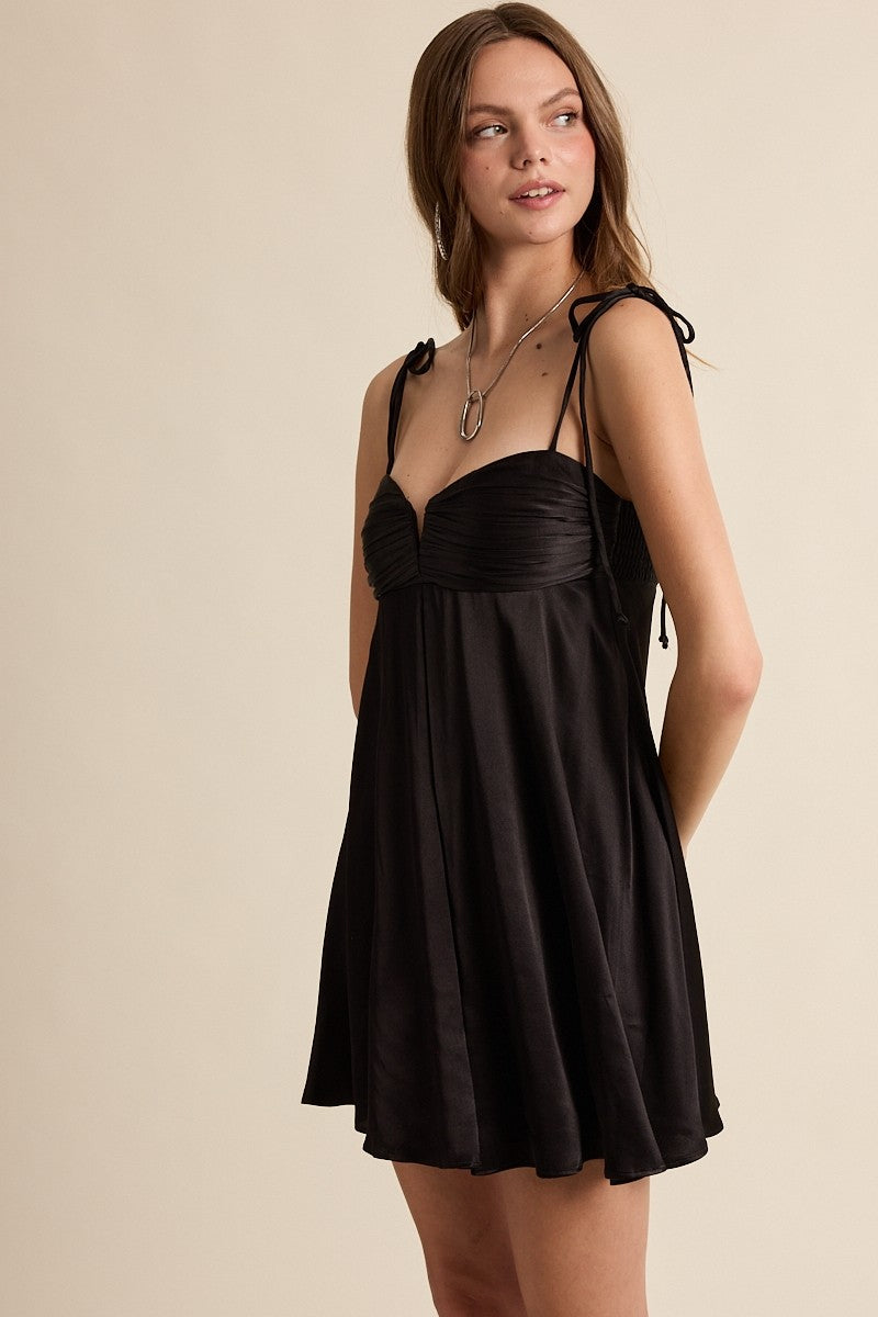 Serena Black Satin Babydoll Mini Dress