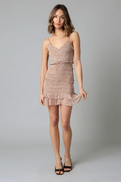 Rhea Taupe Floral Print Smocked Ruffle Mini Dress