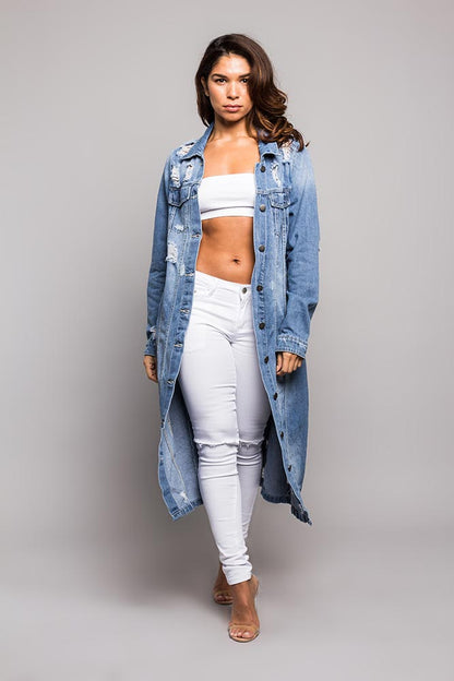 Super Long Distressed Denim Jean Jacket American Bazi