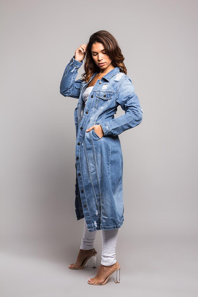 Super Long Distressed Denim Jean Jacket American Bazi