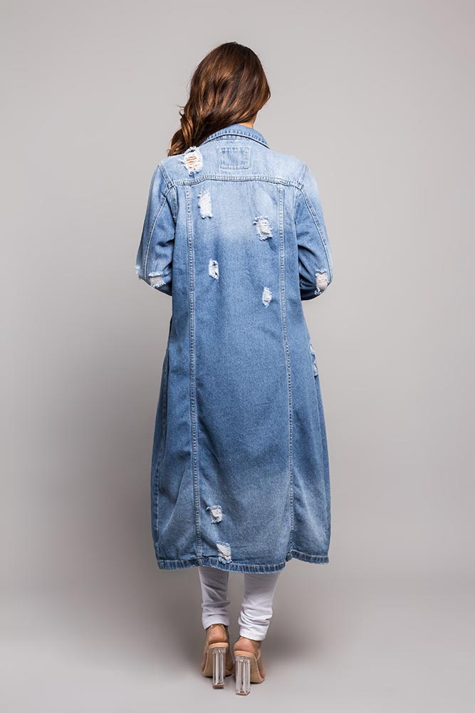 Super Long Distressed Denim Jean Jacket American Bazi