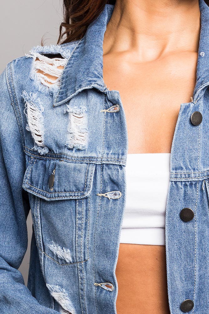 Super Long Distressed Denim Jean Jacket American Bazi