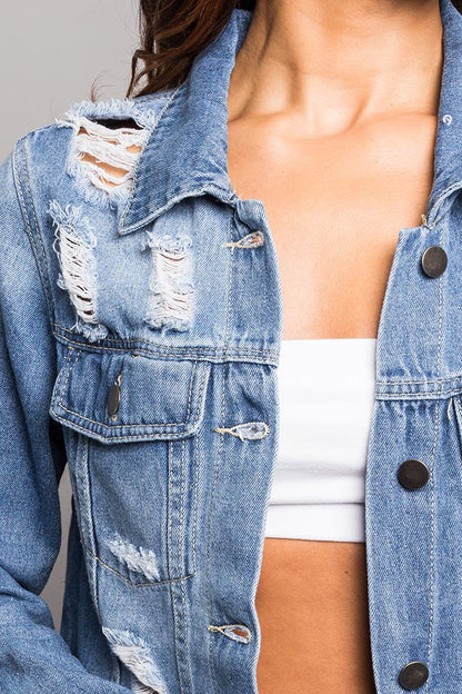 Super Long Distressed Denim Jean Jacket American Bazi