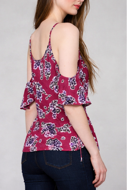 Sweet Bloom Wine Floral Print Cold Shoulder Top