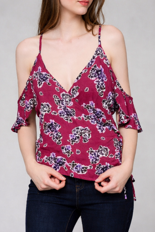 Sweet Bloom Wine Floral Print Cold Shoulder Top